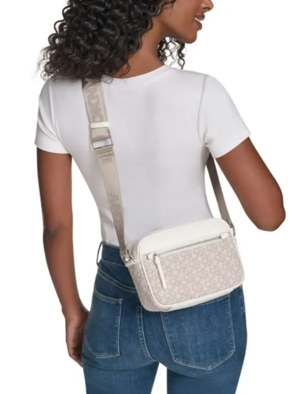 DKNY Ivory Logo Crossbody with Beige Strap